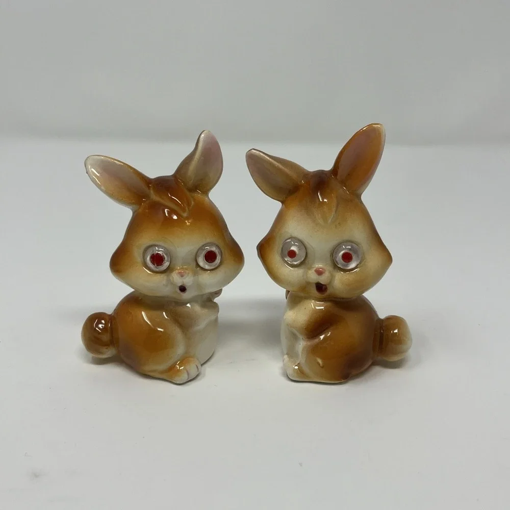 Vintage Porcelain Bunny Rabbit Salt and Pepper Shakers, Red Eyes
